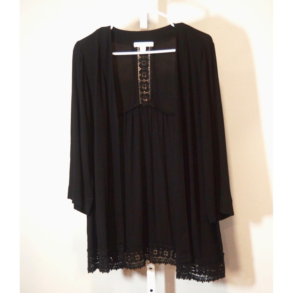 Studio Works Size Petite L (PL) Black Open Cardigan Lace Accents Long Sleeves